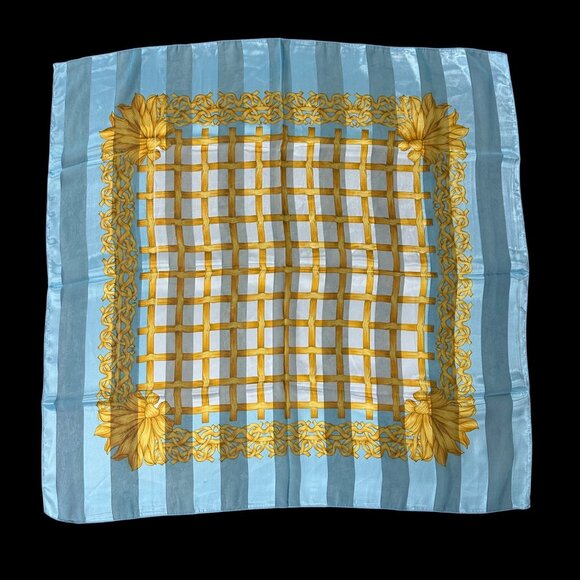 Vintage Sheer Scarf Blue Gold Ribbon Stripes Korea 1980s Polyester Wrap Retro - Picture 2 of 8